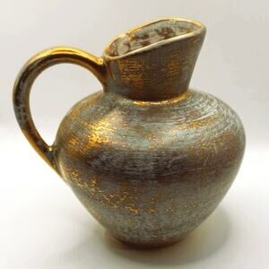 Stangl Pottery Pitcher • Gold & Aqua Drip Glaze • 4060 • Patent Pending • 5”